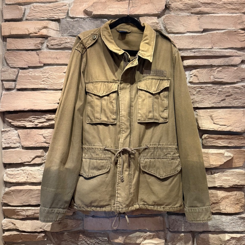 Hollister Military Style Jacket Olive Green Cotton Full Zip Drawstring Mens M